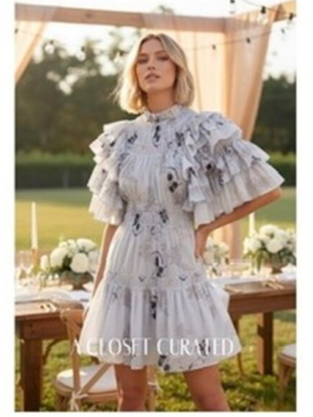 Magali Pascal Adrienne Floral High Neck Ruffle Tiered Mini Dress | Size M